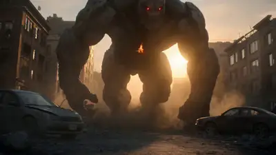 廃墟都市での女戦士対巨大モンスターの映画的アクションシーン