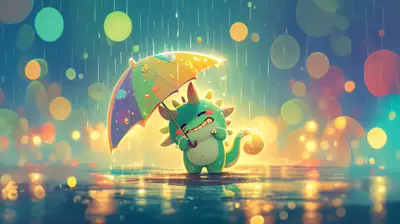 Cute Green Monster with Umbrella in Rain
