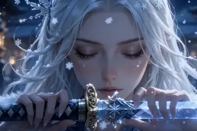 Prompt de vidéo de combat au katana d'un assassin de glace dans un temple enneigé