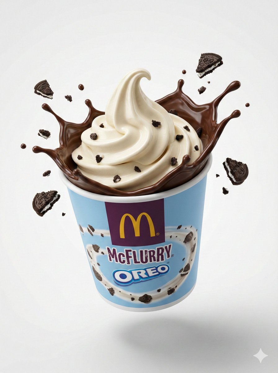 McFlurry Oreo swirl with chocolate syrup splash on white