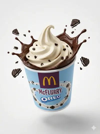 McFlurry Oreo swirl with chocolate syrup splash on white