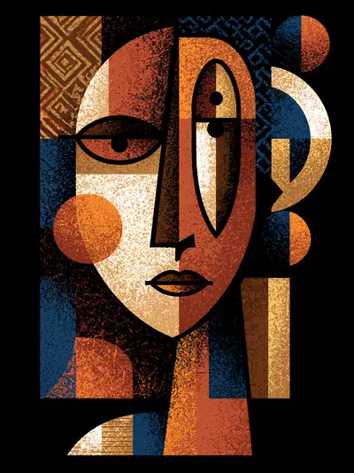 Cubist Kawaii Portrait With African-Inspired Patterns