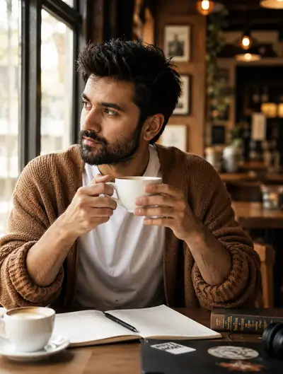 Retrato contemplativo caloroso em café usando uma foto de referência facial