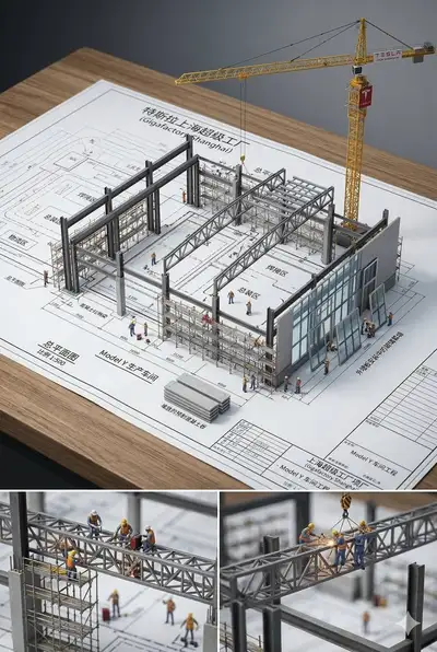 Blueprint rising into a construction diorama