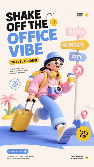 Dopamine-color 3D travel poster for a Shake Off the Office campaign