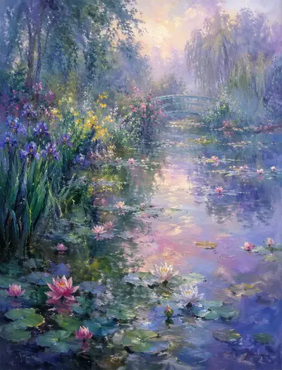Impressionist Monet-style oil painting of a summer lotus pond