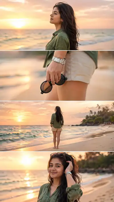 Colagem de 4 fotos de ensaio na praia na hora dourada
