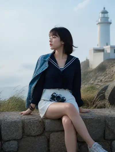 Ghibli style morning portrait of a woman near a lighthouse