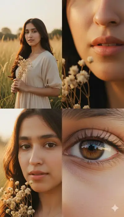 Collage de portrait de fleurs sauvages à l'heure dorée en 4 panneaux