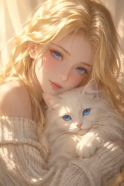 Semi-Realistic Anime Woman with White Cat Portrait