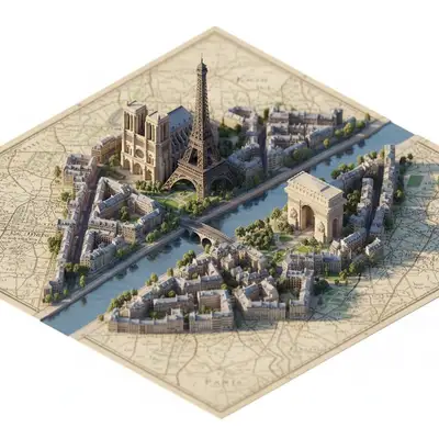Isometric miniature diorama map of a city