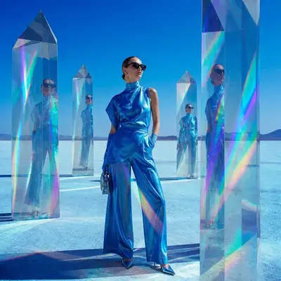 Fashion Campaign in a Desert of Refracting Crystal Prisms