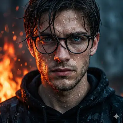 Cinematic Wet Portrait with Fiery Glow