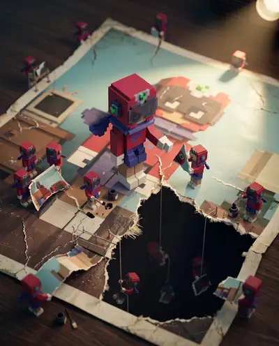 Des miniatures en tilt-shift réparent une photo déchirée du même personnage