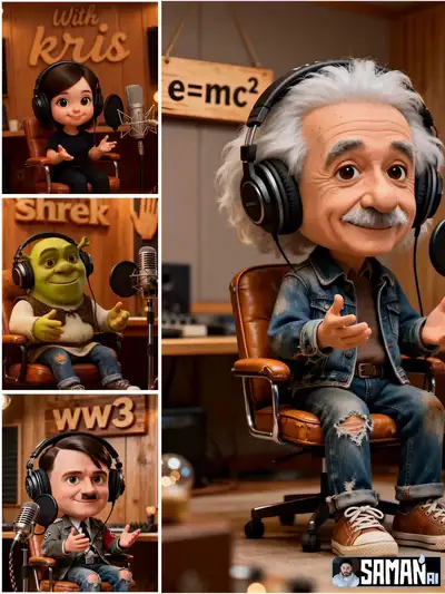 Animateur de podcast en caricature chibi dans un studio douillet