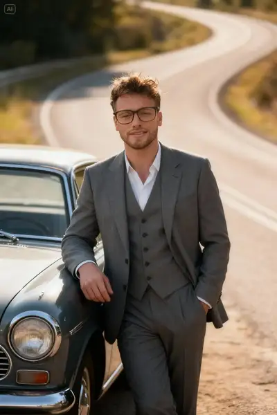 Hombre vintage con traje gris junto a un coche