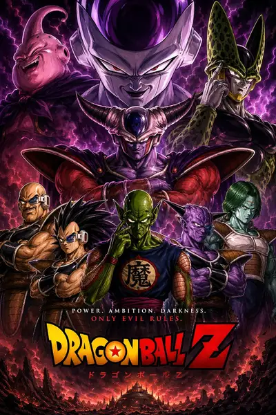 Episches Poster ikonischer Dragon-Ball-Z-Bösewichte in filmischer Komposition