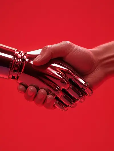 Human and robotic hand handshake concept render