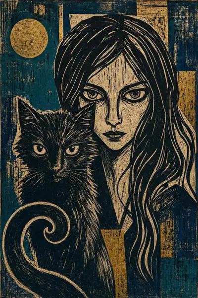 Expressionist Linocut Print with Cat and Woman