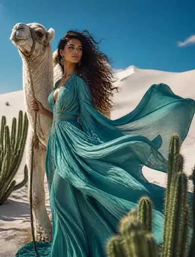 Desert fashion editorial with camel and flowing dress