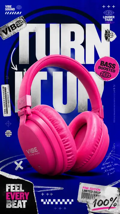 Póster publicitario de auriculares rosa neón estilo streetwear