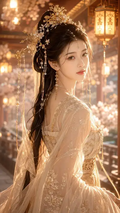 唐风奇幻女主角肖像，灯笼走廊
