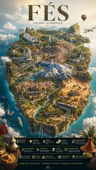 Cinematic miniature floating-island world map travel poster