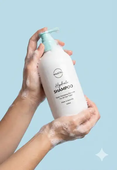 Foaming shampoo hands product shot, JSON prompt