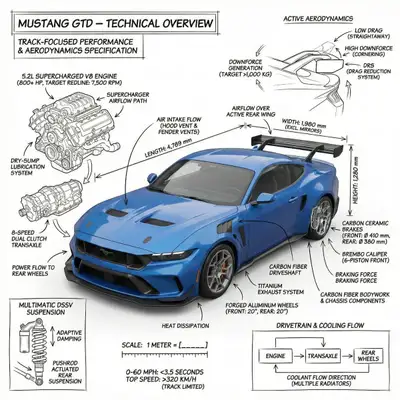 Technical infographic teardown of a Ford Mustang GTD