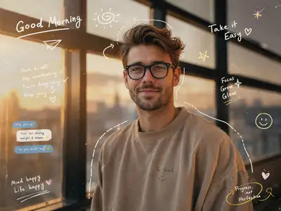 Cinematic Golden Sunrise Streetwear Portrait with Pastel Doodles