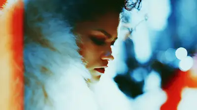 Fur coat Kodak film burn portrait prompt with light leaks