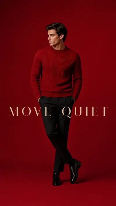 Symmetrical ruby-red knit sweater editorial portrait
