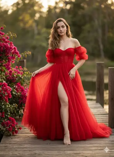 Portrait de jardin à l'heure dorée en robe de gala rouge