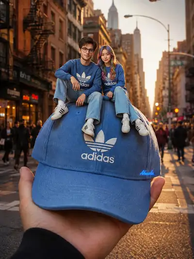 Forced-perspective miniature couple on giant Adidas cap prompt