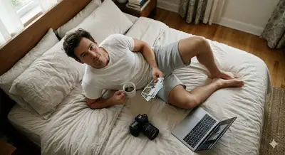 Cinematic Top-Down Bed Portrait with Coffee