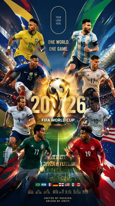 Official World Cup 2026 poster with multiple national teams