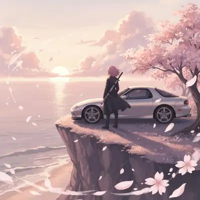 Coastal Cliff Anime Woman with Katana