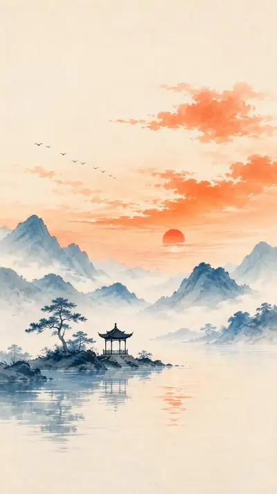 Affiche de paysage zen minimaliste avec pavillon au bord de l'eau