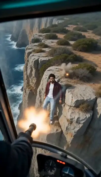 Sequência de ação cinematográfica de tubarão de água e helicóptero