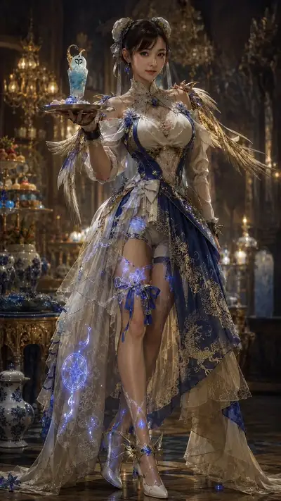 Portrait dans une salle de bal rococo avec robe haute couture et lumière de bougies