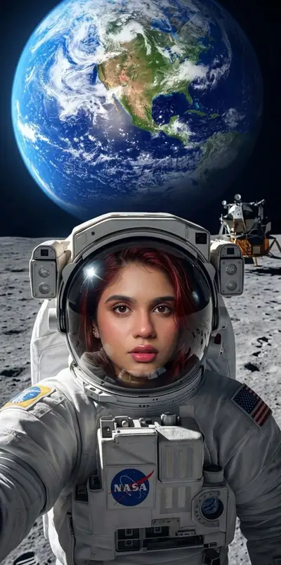 超フォトリアルな月面セルフィー、EVA宇宙服着用