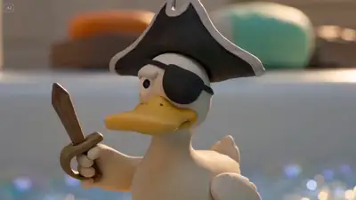 Clay pirate duck bathtub ocean adventure, Pixar-style