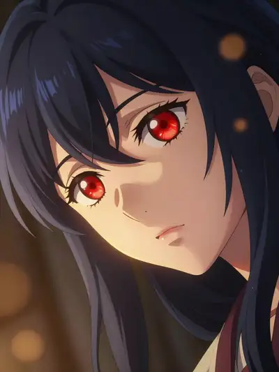 Anime Portrait with Crimson Eye and Golden Bokeh