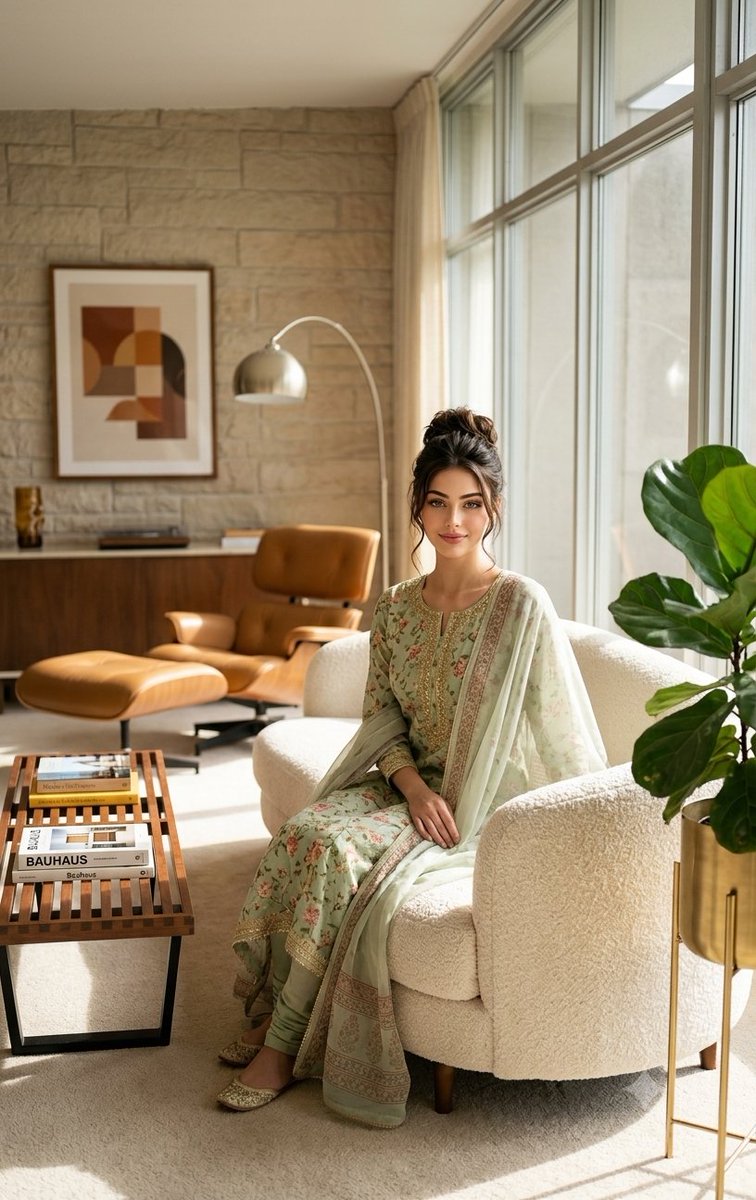 Mid-century modern interior portrait with traditional outfit
