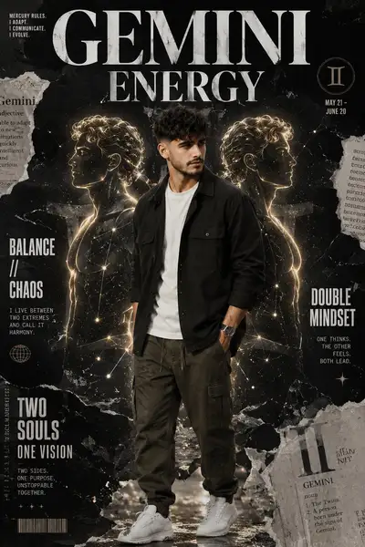 Pôster editorial de zodíaco - Energia de Gêmeos