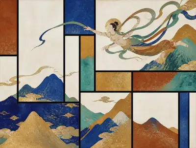 Mondrian Geometry Meets Dunhuang Mural Colors Poster