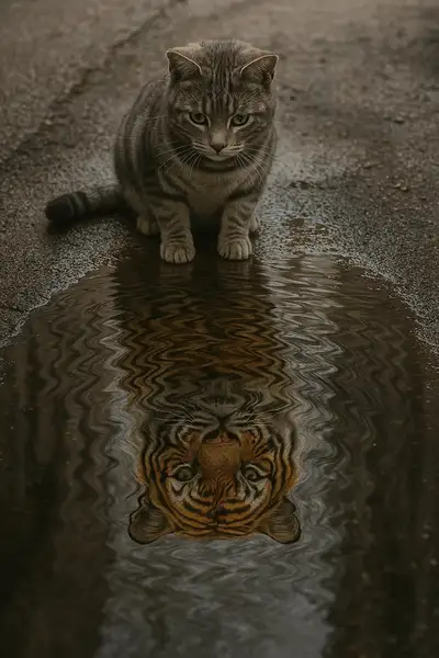 Cat with Tiger Reflection in Puddle