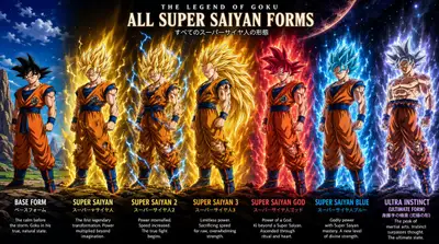 As transformações Super Saiyajin de Goku em uma única composição cinematográfica