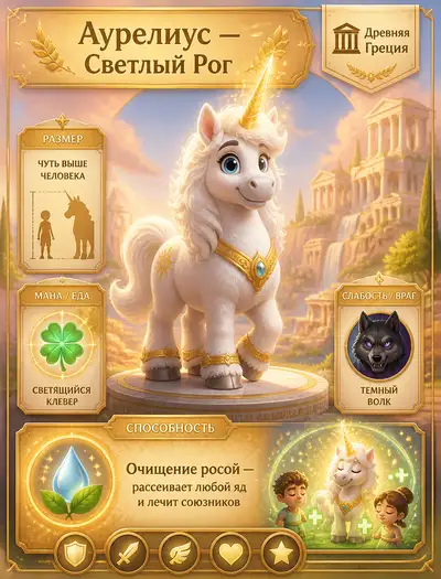 MOBA-Heldenkarte im Pixar-Stil: Einhorn mit goldenem Horn