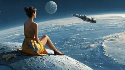 Girl on the Moon Watching Spaceship